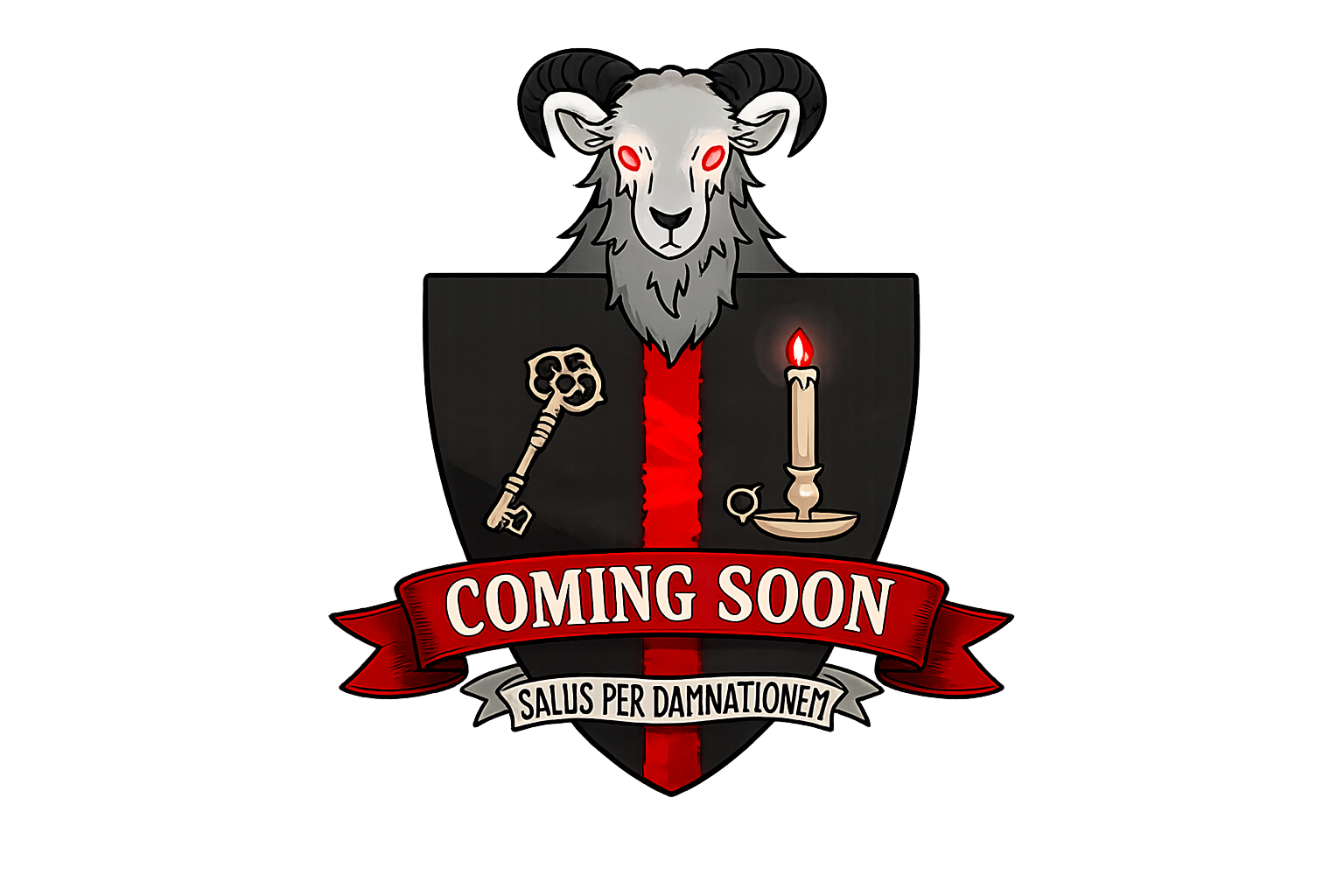 Logo to the campaign The Plagueround. A black shield with a red cross, with a goat's head on top of it and a key and a burning candle on the shield. Over the shield is the school's motto 'salus per damnationem': salvation through damnation. Over the logo is a temporary red banner with 'coming soon'