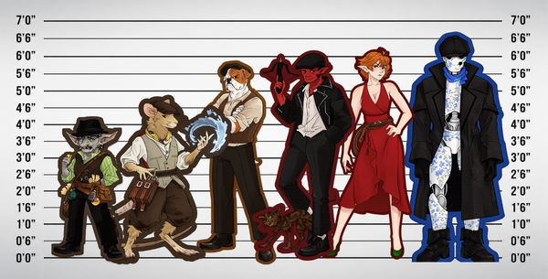 This image shows a line up of all the main characters of Lock, Stock and two smoking Fireballs to scale. The smalles character is 4 foot, the tallest is 6 foot 7.